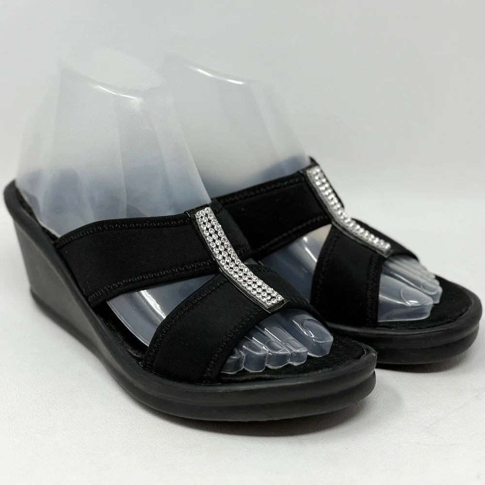 Skechers Cali Rumblers Risk Taker Black Jewel Wedge Sandals 7 Dressy Semi Formal - Picture 8 of 11